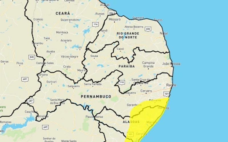 Inmet divulga novo alerta de chuvas de até 50mm/dia para municípios de Alagoas