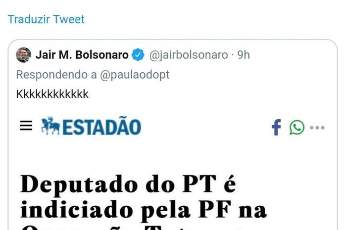 Bolsonaro ironiza e cita condenação de Paulão na Taturana em resposta no Twitter