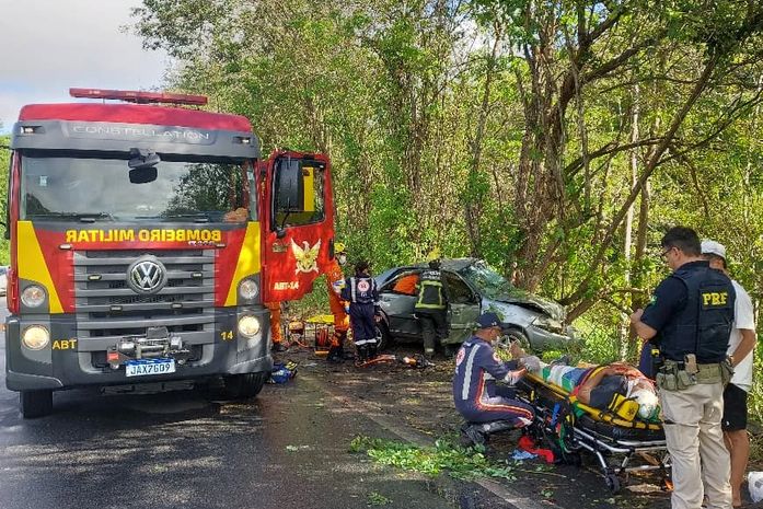 Carro colide com árvore e deixa quatro feridos na BR-104, em Murici; veja as imagens