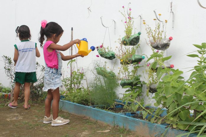 Crianças comemoram Dia do Nutricionista cuidando de horta na escola