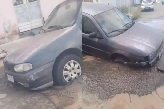 Carro tem frente ‘engolida’ por asfalto após vazamento na Pajuçara, em Maceió