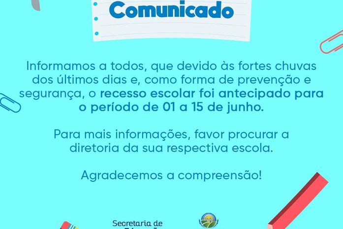Prefeitura de Anadia antecipa recesso escolar devido às chuvas