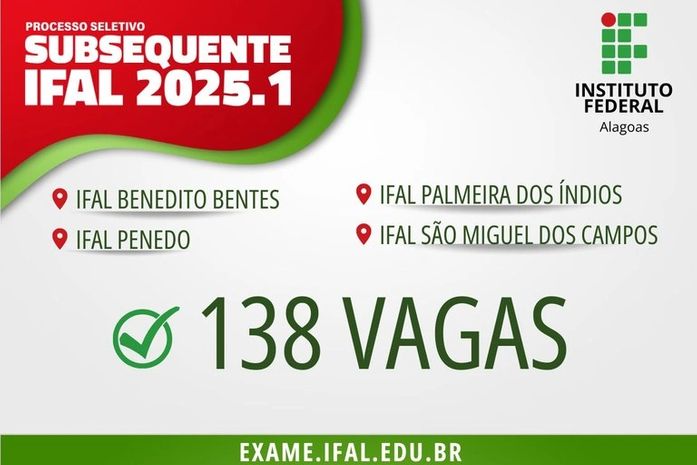 Inscrições abertas: Ifal oferta 138 vagas em quatro cursos técnicos subsequentes
