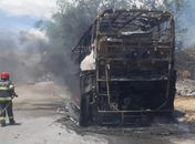 Ônibus fica completamente destruído, após pegar fogo na BR-101, em Flexeiras