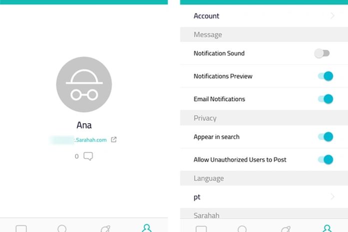 Perfil e configurações do app Sarahah para Android