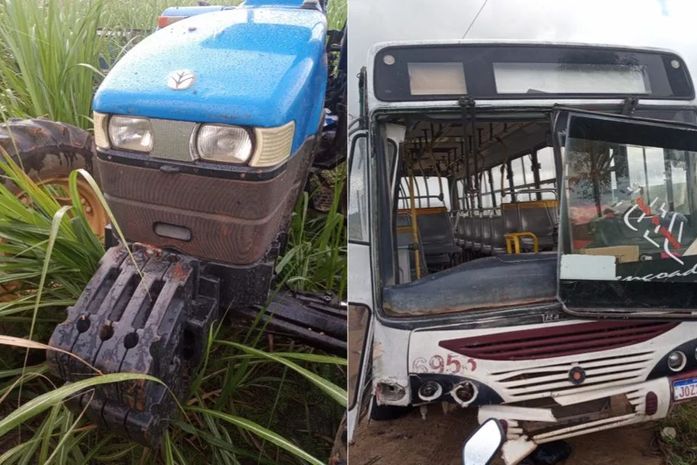Colisão entre ônibus e trator em Matriz do Camaragibe deixou dois homens feridos.