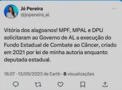 
MPF, MPAL e DPU recomendam ao Governo do Estado de Alagoas, a imediata execução do Fundo Estadual de Combate ao Câncer, de autoria da deputada estadual, Jó Pereira

