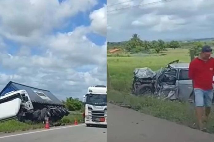 Colisão entre carro e carreta deixa vítima presa às ferragens na BR-101