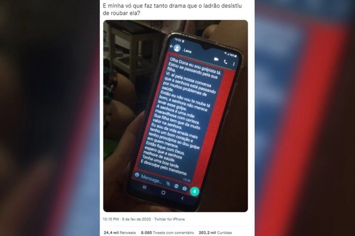Neta viraliza ao postar mensagem de criminoso que ficou com dó de aplicar golpe em idosa: 'Tanto drama que ladrão desistiu'
