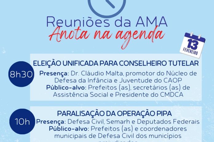 A reunião acontece na próxima segunda-feira, dia 13, da AMA, a partir das 8h30