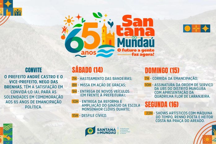 Prefeitura de Santana do Mundaú anuncia programação em comemoração aos 65 anos de emancipação política