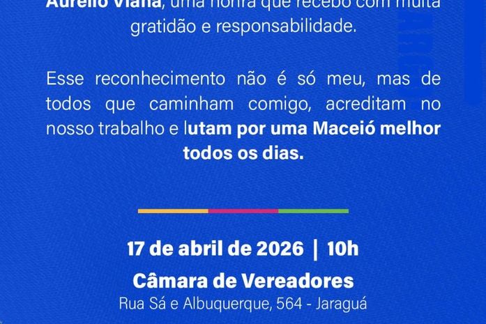 Rafael Brito é homenageado pela Câmara Municipal de Maceió nesta sexta-feira (17)