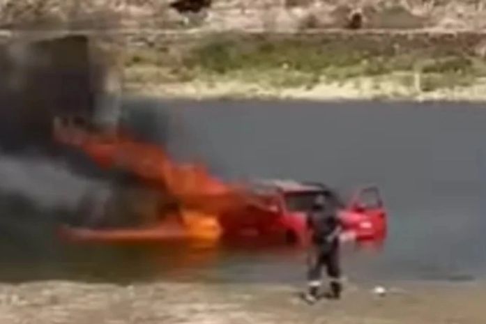 Vídeo: Carro é consumido pelo fogo e jogado em barragem para conter incêndio em Piranhas