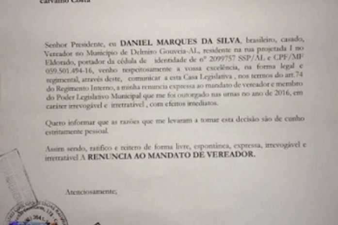 Vereador renuncia mandato em Delmiro Gouveia