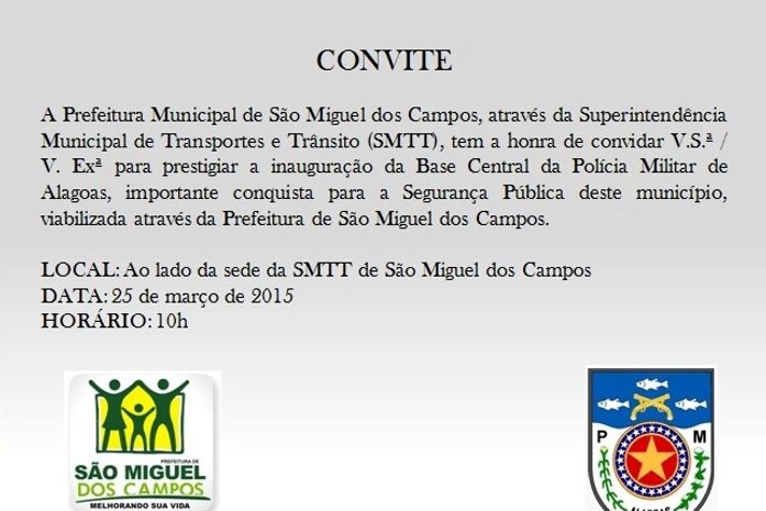 Base da Polícia Militar será inaugurada em São Miguel dos Campos