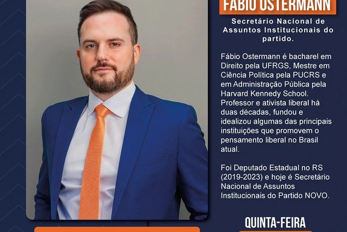 Partido NOVO promove encontro em Maceió com Fábio Ostermann nesta quinta-feira