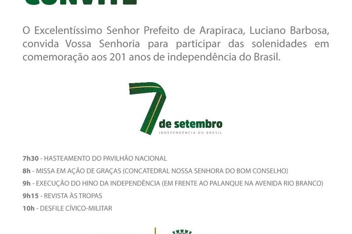 Arapiraca celebrará os 201 anos de Independência do Brasil com missa solene e desfile cívico-militar