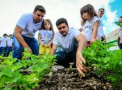 Prefeito e vice-prefeito participam de colheita em horta urbana