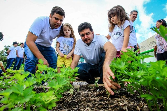 Prefeito e vice-prefeito participam de colheita em horta urbana