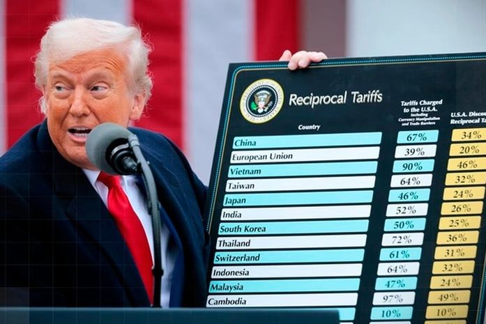 Donald Trump exibe a tabela com as tarifas a serem aplicadas aos países