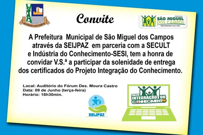 Entrega de certificados do PRO-INCO será nesta terça, em São Miguel dos Campos