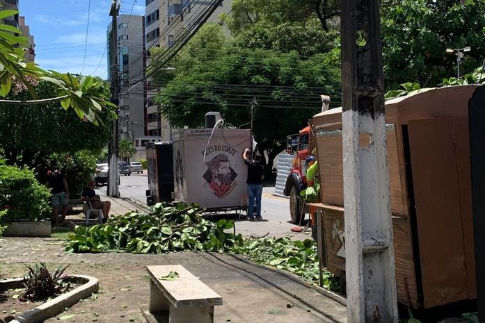 Árvore cai atingindo rede elétrica e food truck na Ponta Verde