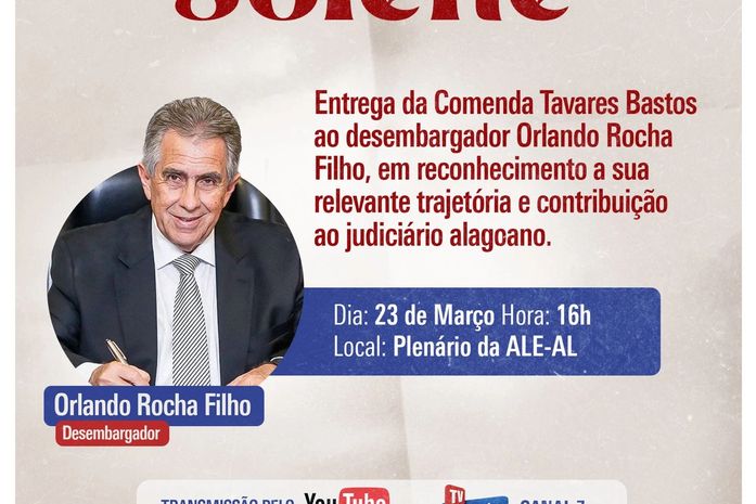 Desembargador Orlando Rocha Filho será agraciado com a Comenda Tavares Bastos