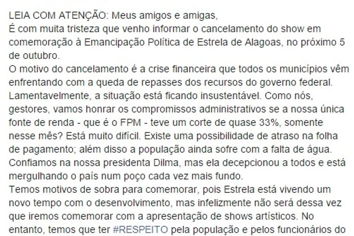Prefeito divulgou nota no facebook