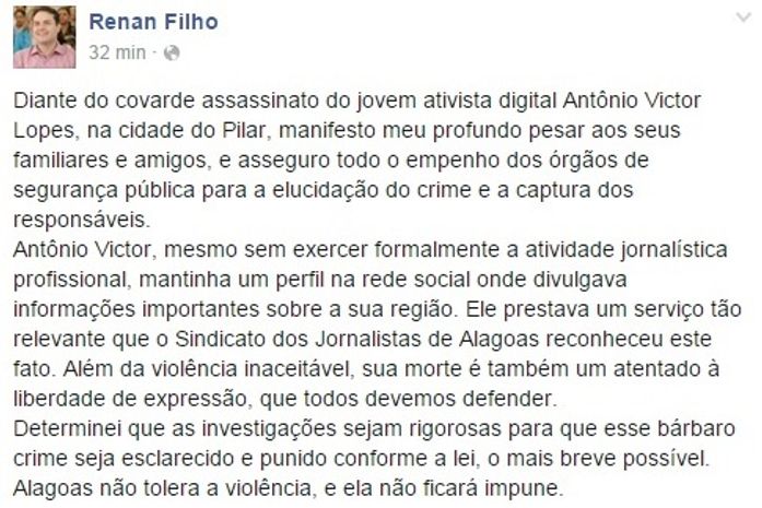 Governador lamenta assassinato de blogueiro e assegura empenho para elucidar crime