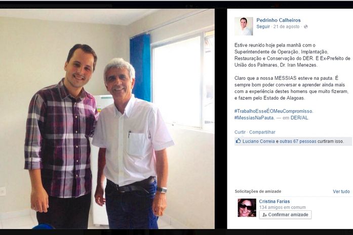 Pedrinho Calheiros em um de seus posts sobre a atuação em Messias