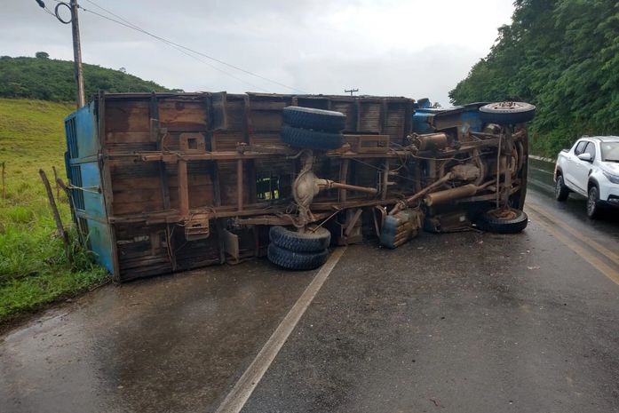 Caminhão que transportava animais capota e motorista fica ferido na BR-104