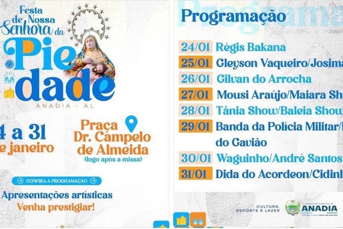 Prefeitura de Anadia promove programação artística na festa de Nossa Senhora da Piedade