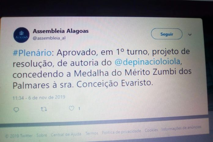 Assembléia Legislativa de Alagoas aprova por unanimidade, homenagem a Conceição Evaristo, mestra da literatura negra no Brasil.