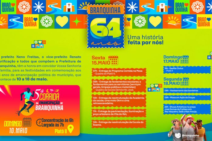 Com programação esportiva, artística e cultural, Prefeitura de Branquinha celebra 64 anos de emancipação política