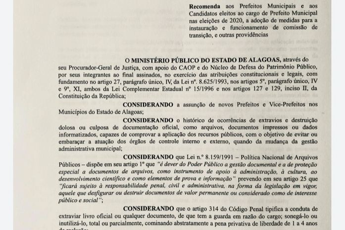 Ministério Público recomenda início da transição de governo em Arapiraca