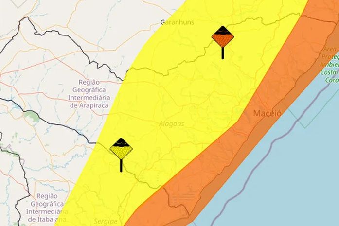Inmet emite avisos de perigo para 99 municípios de AL; previsão é de chuvas e ventos fortes até esta segunda-feira

