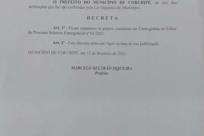 Prefeitura de Coruripe suspende prazos de edital de processo seletivo