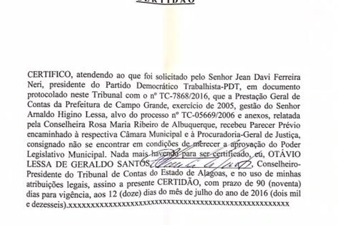 Reprovação das contas da gestão Arnaldo Higino é comprovada pelo TC-Al