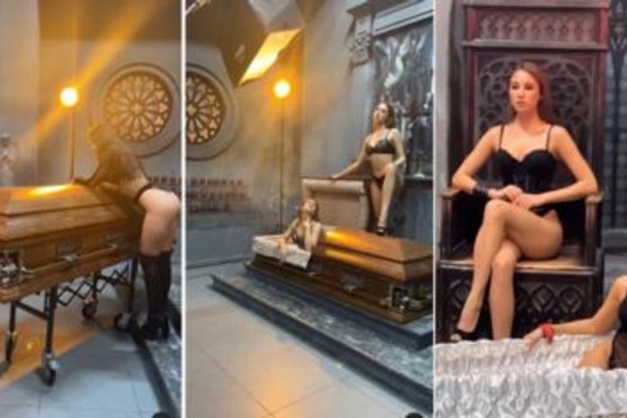 Funerária usa modelos de lingerie posando ao lado de caixões em campanha
