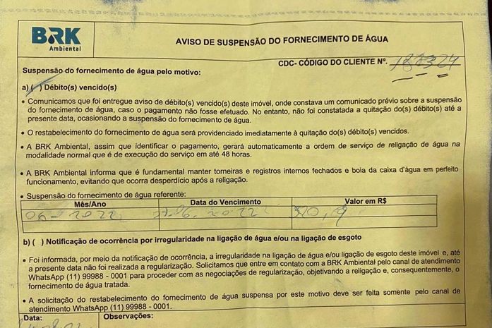 Notificação aplicada não tem nada haver com a residência de Andreza, mas o fornecimento de água foi cortado
