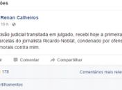 Jornalista é condenado a pagar R$ 142 mil para Renan Calheiros