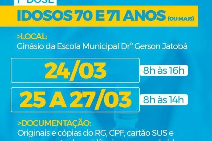 Palmeira inicia vacinação de idosos de 68 a 71 anos de idade