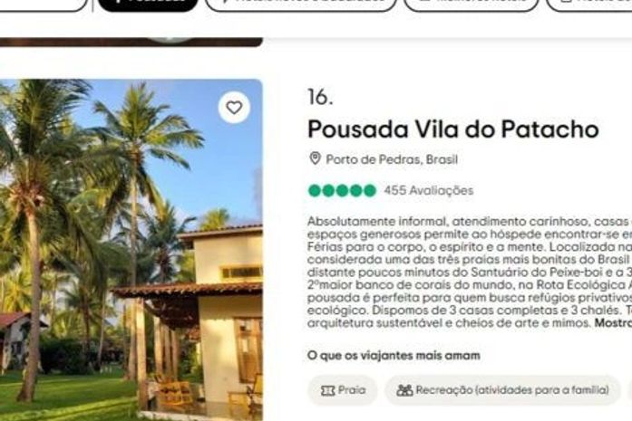 Porto de Pedras tem a única pousada de Alagoas entre as melhores do Brasil 