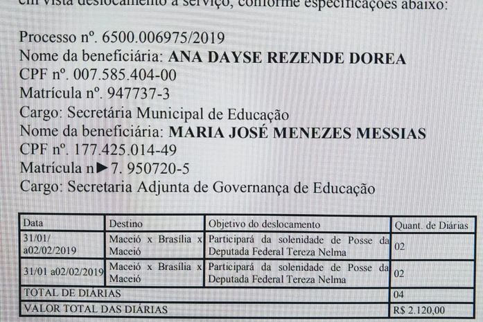 É legal a prefeitura de Maceió financiar a viagem da Secretária de Educação e Adjunta para a posse de parlamentares do PSDB, em Brasília?