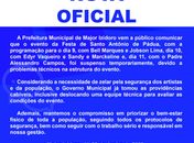 Prefeitura de Major Izidoro divulga nota oficial sobre suspensão de shows