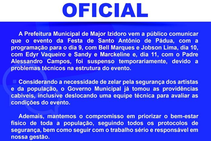 Prefeitura de Major Izidoro divulga nota oficial sobre suspensão de shows