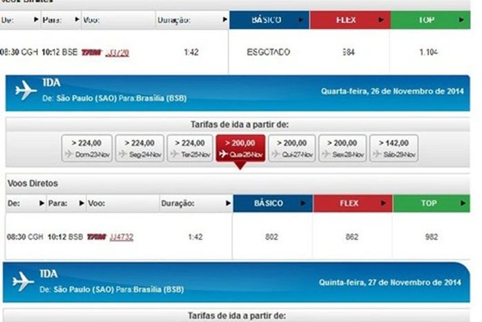 Reprodução mostra números de voos da TAM SP-Brasília nos dias 25, 26 e 27 de novembro