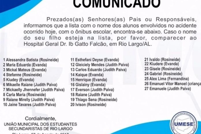 Veja os nomes dos estudantes feridos em acidente com ônibus em Rio Largo