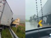 Caminhão fica preso em declive após colisão na BR-101, em São Miguel dos Campos