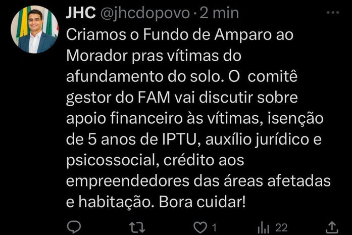 Prefeito JHC cria o Fundo de Amparo ao Morador para amparar vítimas do afundamento de solo